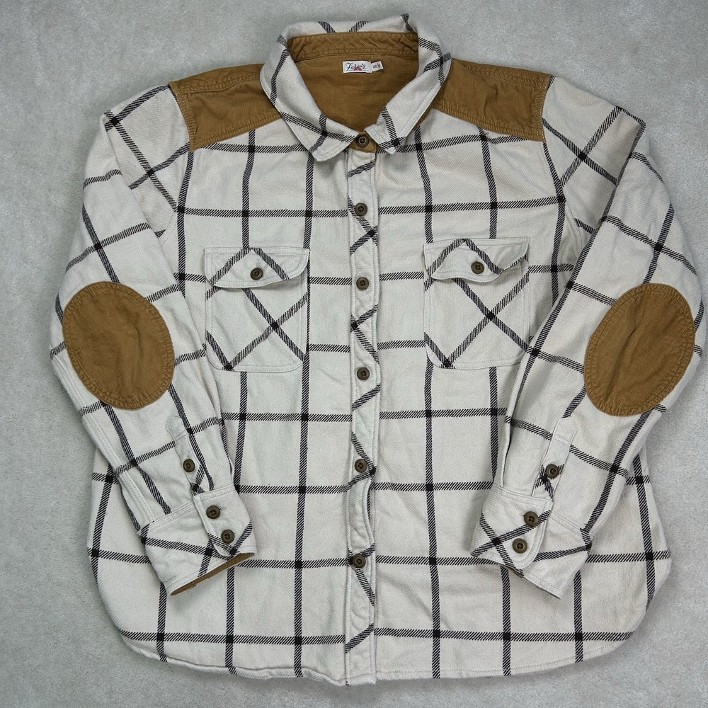 Faherty Daly Shirt Women's XXL Plaid Flannel Corduroy Trim Elbow Patch Button Up